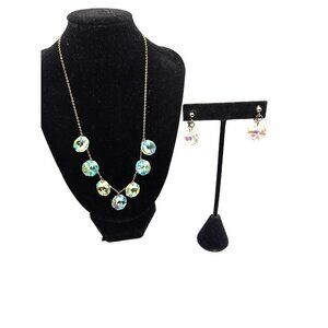 Vintage STERLING Silver Aurora Borealis Crystal Necklace & Clip on Earring Set